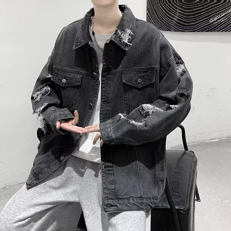 2カラー展開 韓国ストリート 韓国カジュアル ダメージ加工 ヴィンテージ デニム生地 ジャケット mry001251