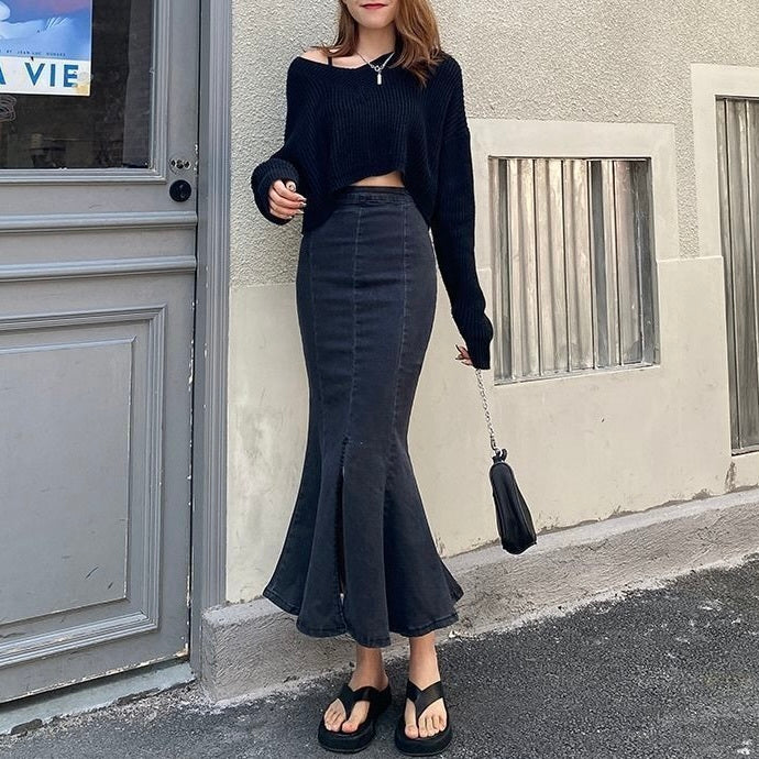 【Chéri】2カラー展開 韓国カジュアル 韓国ストリート デニム生地 ロングスカート mry001153