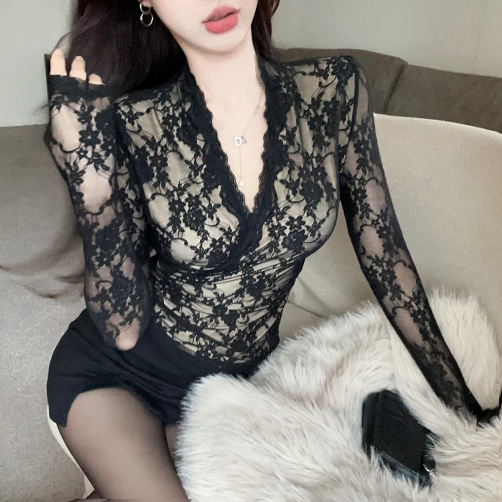 【Orchid】アメリカン 韓国デザイン 韓国カジュアル レース素材 ブラックブラウス mry001136