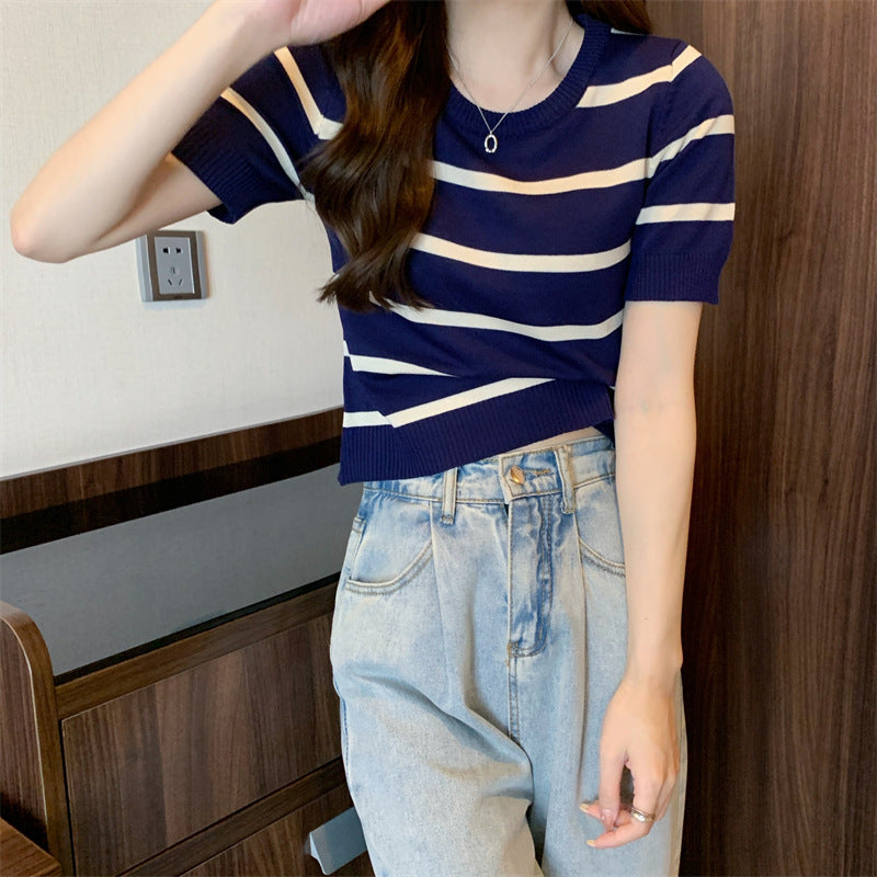 【送料無料】4カラー展開 2023SS ストライプ 半袖ニット Tシャツ 韓国カジュアル mry000706