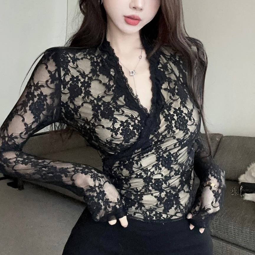 【Orchid】アメリカン 韓国デザイン 韓国カジュアル レース素材 ブラックブラウス mry001136