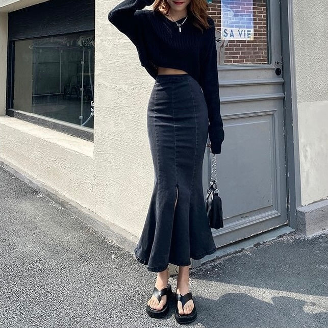 【Chéri】2カラー展開 韓国カジュアル 韓国ストリート デニム生地 ロングスカート mry001153