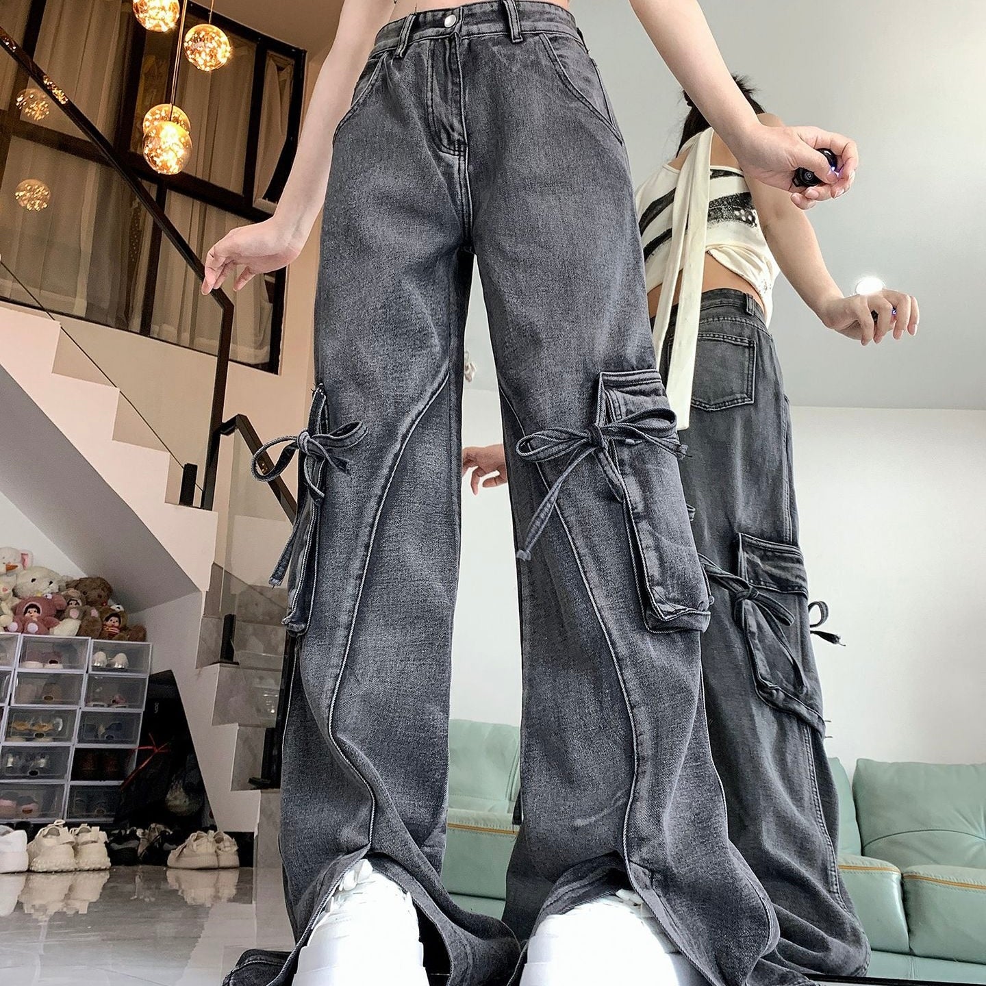 アメリカン 韓国ストリート 韓国カジュアル デニム生地 リボン パンツ mry001205