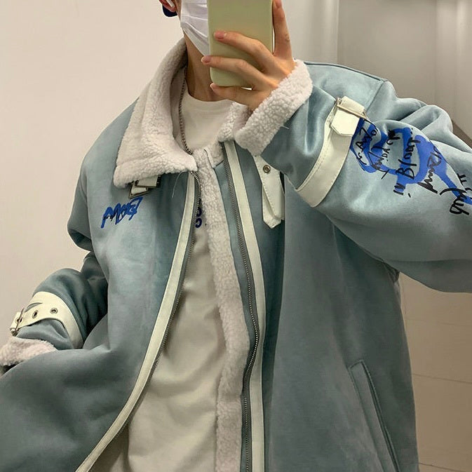 2カラー展開 韓国ストリート 韓国カジュアル トレンド バックプリント ハイネック ムートンジャケット mry001253