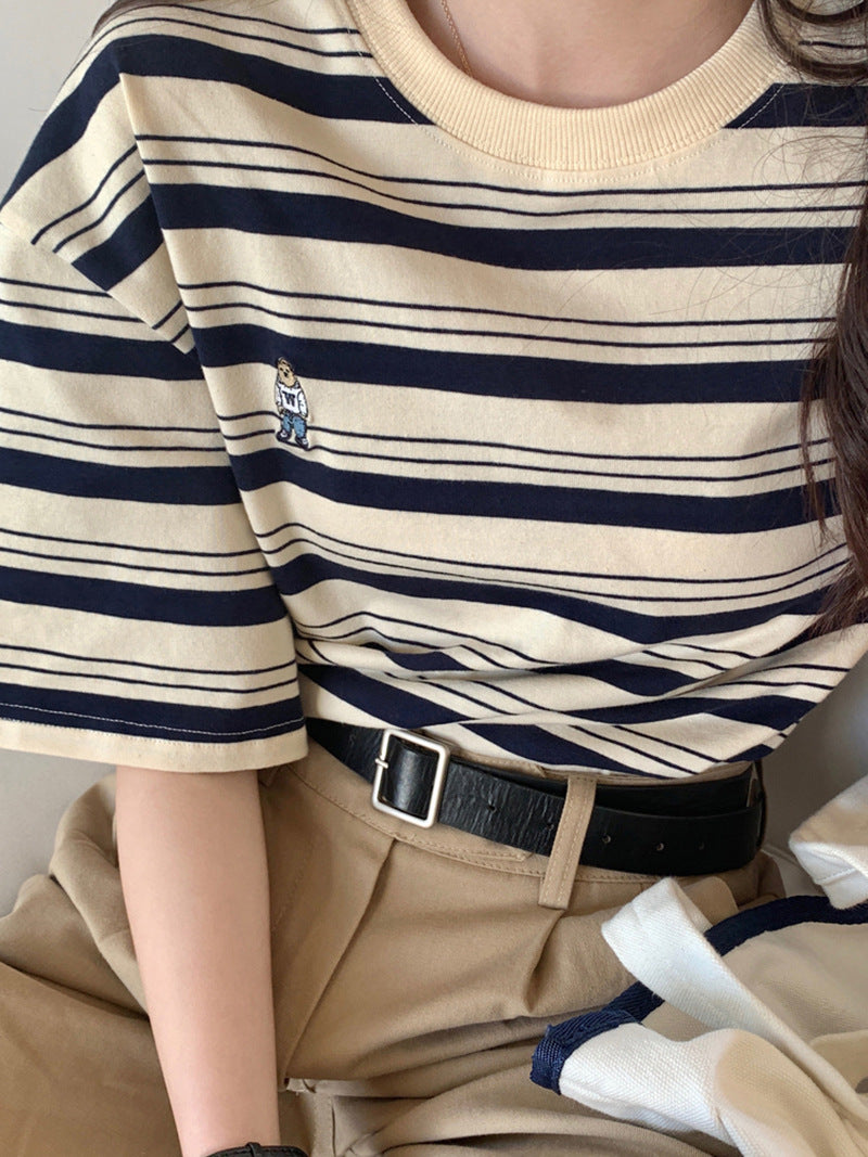 【送料無料】2カラー展開 クマちゃん ワンポイント ボーダー Tシャツ mry000651