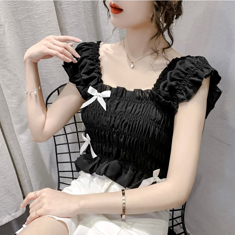 オフショルダー ショート ハイウエスト シフォンシャツ mry000058