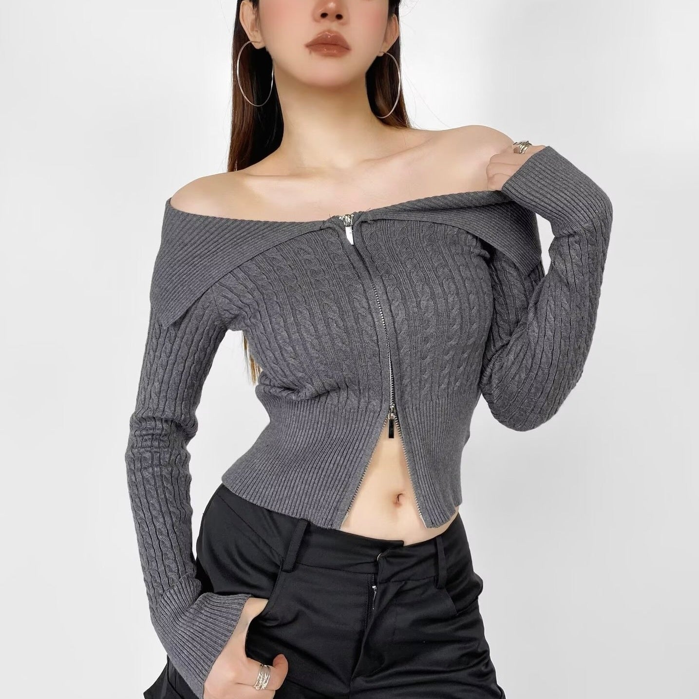 4カラー展開 韓国デザイン 韓国カジュアル オフショルダー リブ編みニット カーディガン mry001118