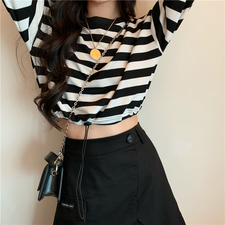 ショート丈 ストライプ ウエストマークTシャツ mry000442