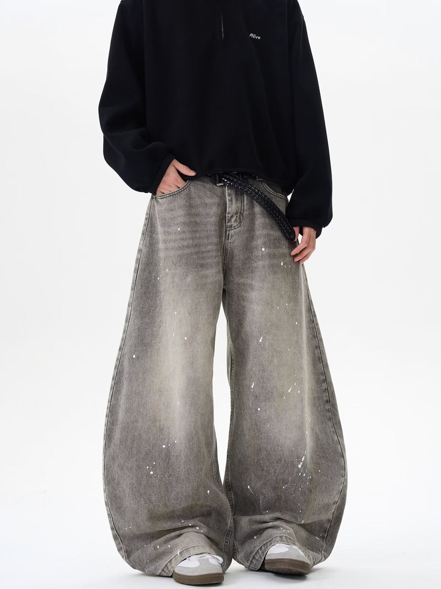 『評価★4.8以上/購入率 No.1🛍️』【COVER:FIT】Grunge Paint-Splatter Wide-Leg Denim Pants mry001630