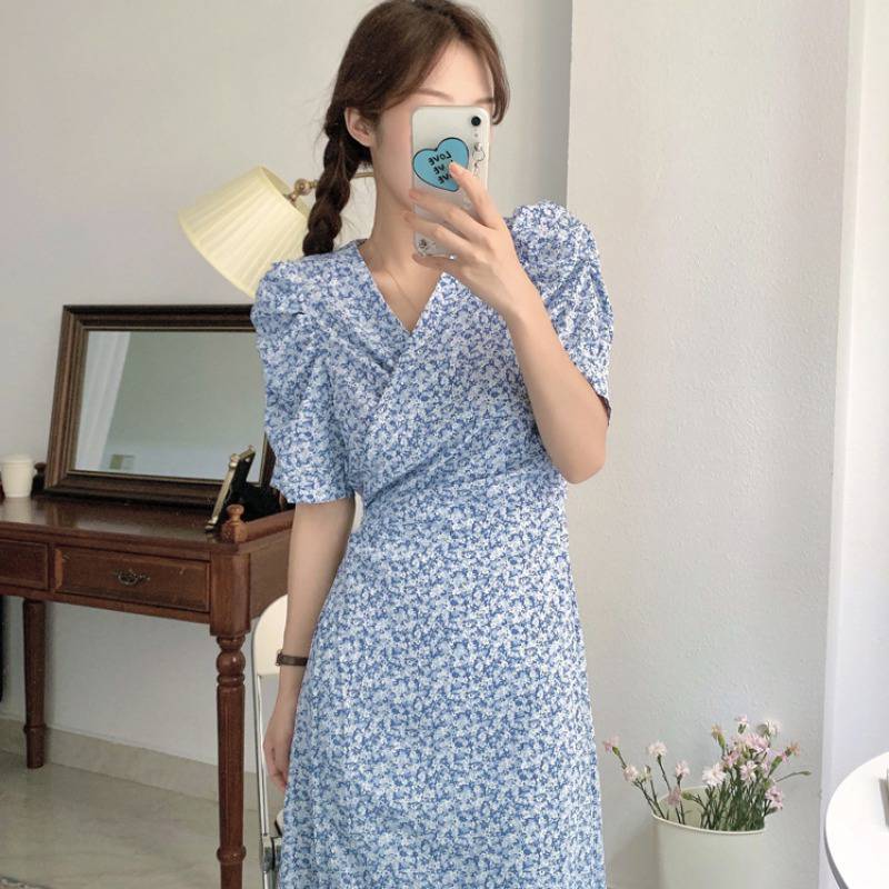 小花柄 パフスリーブ Aラインワンピース mry000236