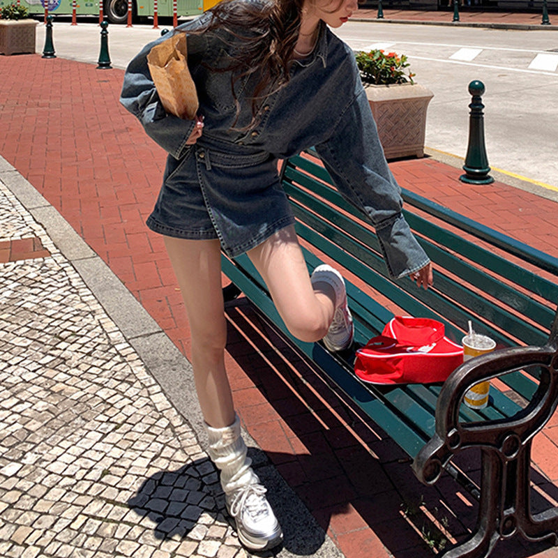 【Carina】アメリカン 韓国ストリート 韓国デザイン デニム生地 セットアップ mry001197