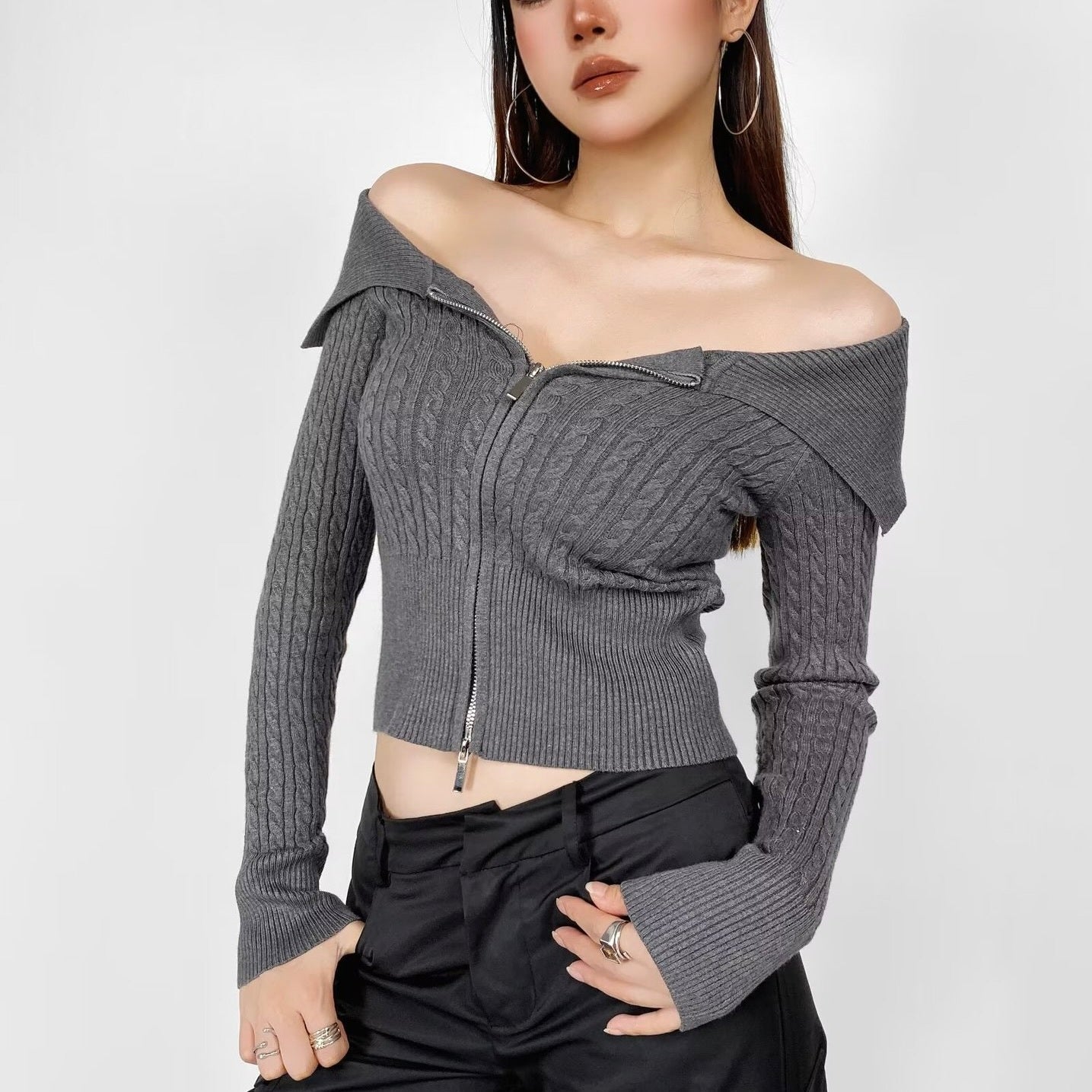 4カラー展開 韓国デザイン 韓国カジュアル オフショルダー リブ編みニット カーディガン mry001118