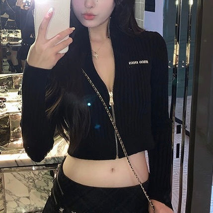 3カラー展開 韓国カジュアル 韓国ストリート クロップトップ ジップアップカーディガン mry001053