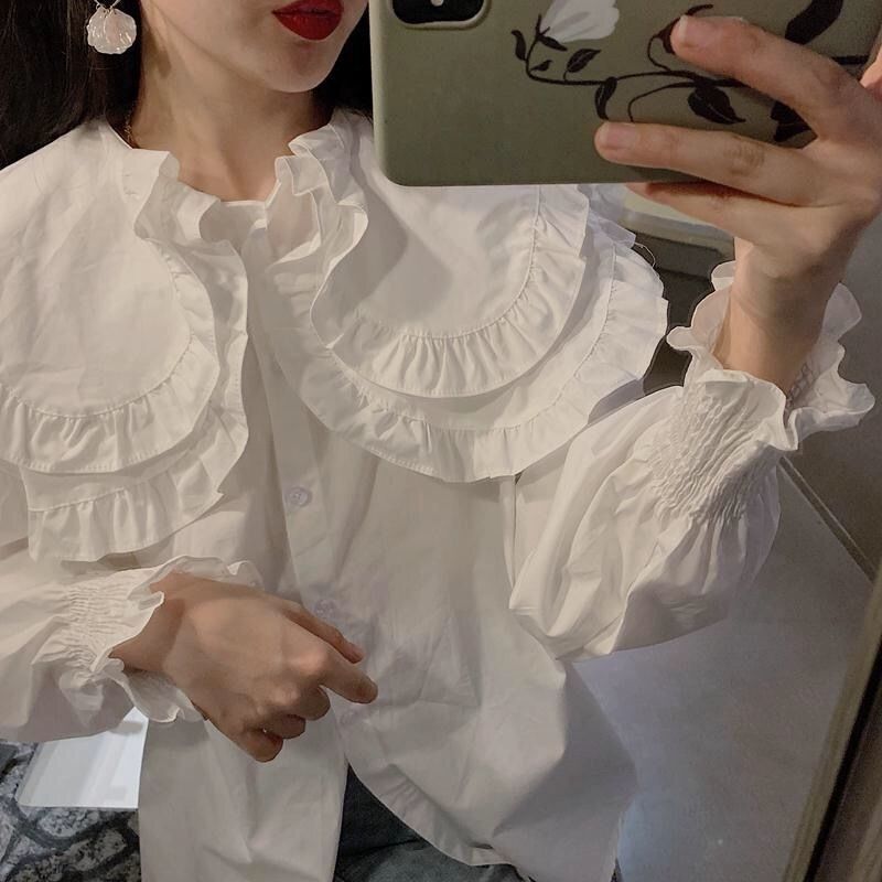 フロントボタン パフスリーブ フリルブラウス 春秋 mry000228
