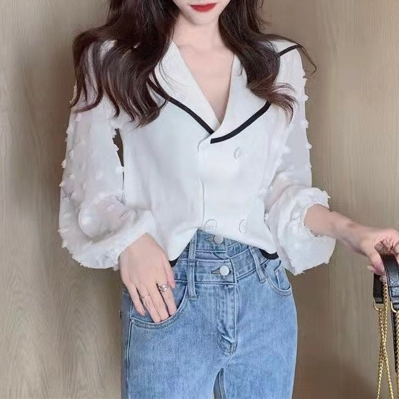 AW ポロ襟 パフスリーブ シフォンステッチシャツ mry000056