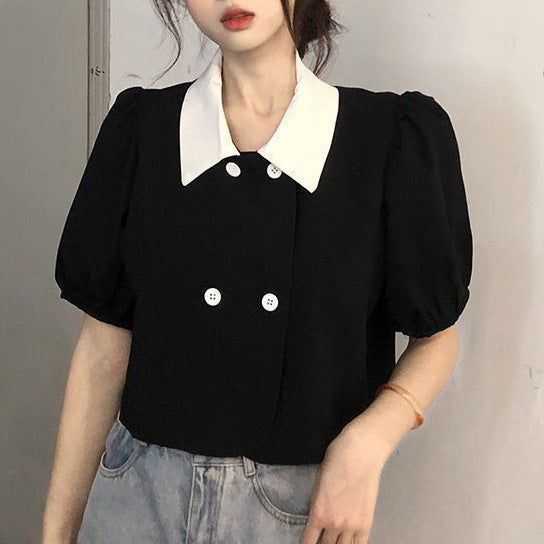 【送料無料】2カラー展開 ダブルブレスト 半袖シャツ フレンチガーリー 韓国ガーリー mry000665