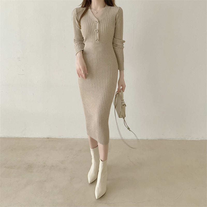 【送料無料】3色展開 Vネック 高品質ニット ワンピース mry000616