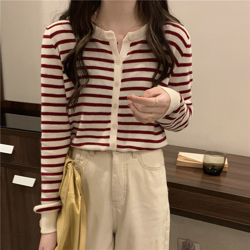 ラウンドネック ストライプ ニットカーディガン mry000070