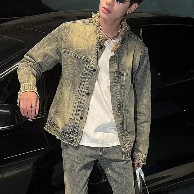 アメリカン 韓国ストリート 韓国デザイン ヴィンテージ ダメージ加工 デニムジャケット mry001257