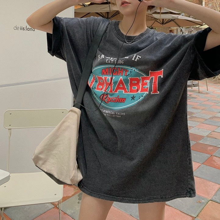 レトロ風Tシャツ ミドル丈 半袖 トップスmry000006