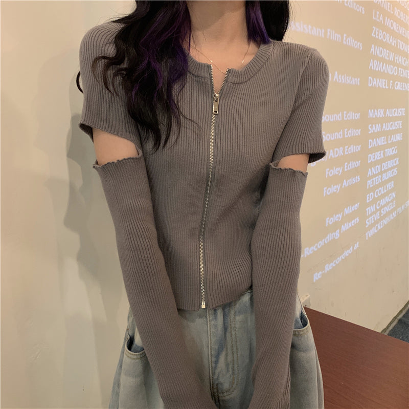 【送料無料】4カラー展開 ジッパー 長袖ニット 夏カーディガン カジュアル ストリート mry000642