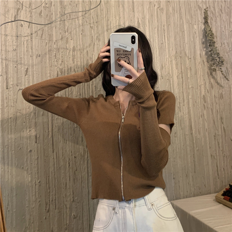 【送料無料】4カラー展開 ジッパー 長袖ニット 夏カーディガン カジュアル ストリート mry000642