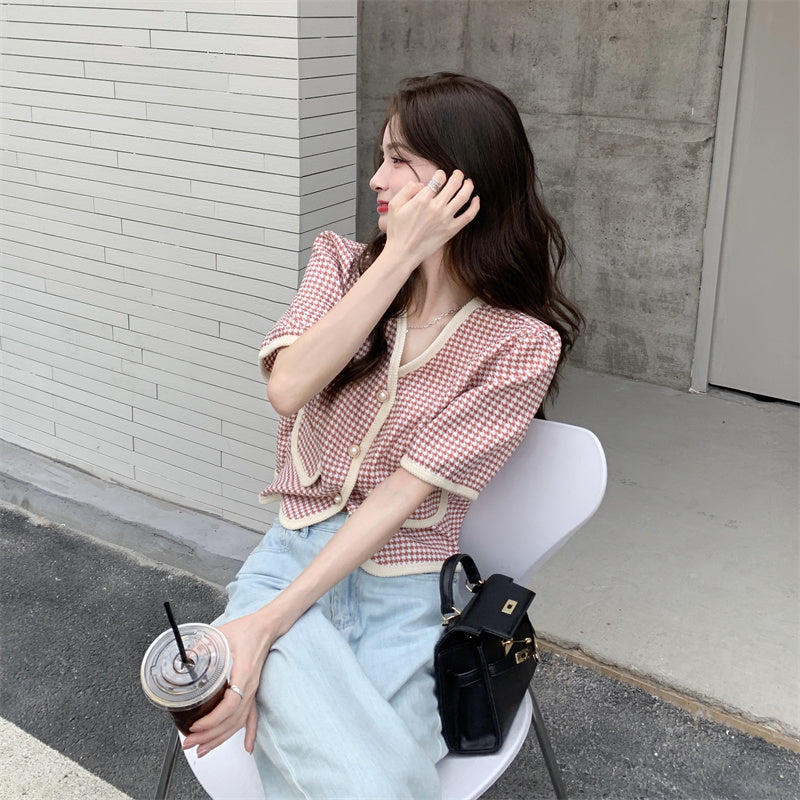 【送料無料】クロップド丈 フレンチスタイル Vネック 千鳥格子 韓国ガーリー 韓国カジュアル mry000536