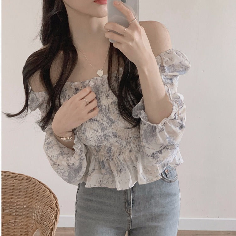 花柄ラッピング ウエストゴム オフショル シフォン長袖シャツ mry000061