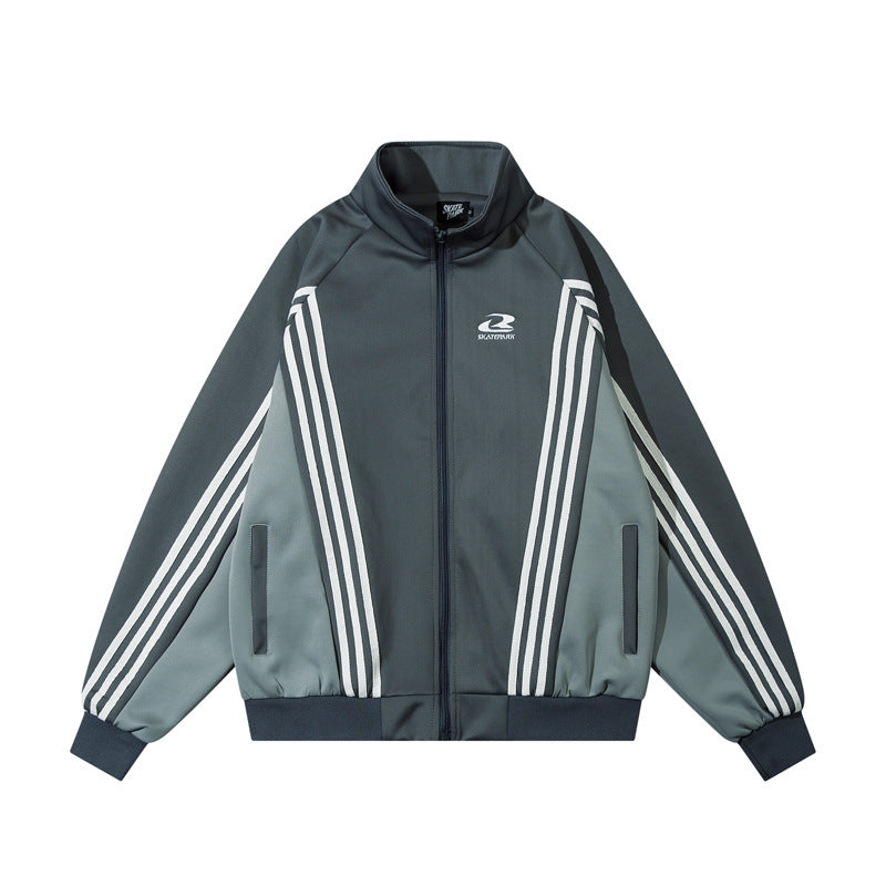 2カラー展開 アメリカンレトロ ストライプ ジッパージャケット 春 冬 トレンド 韓国ストリート 韓国カジュアル mry000962