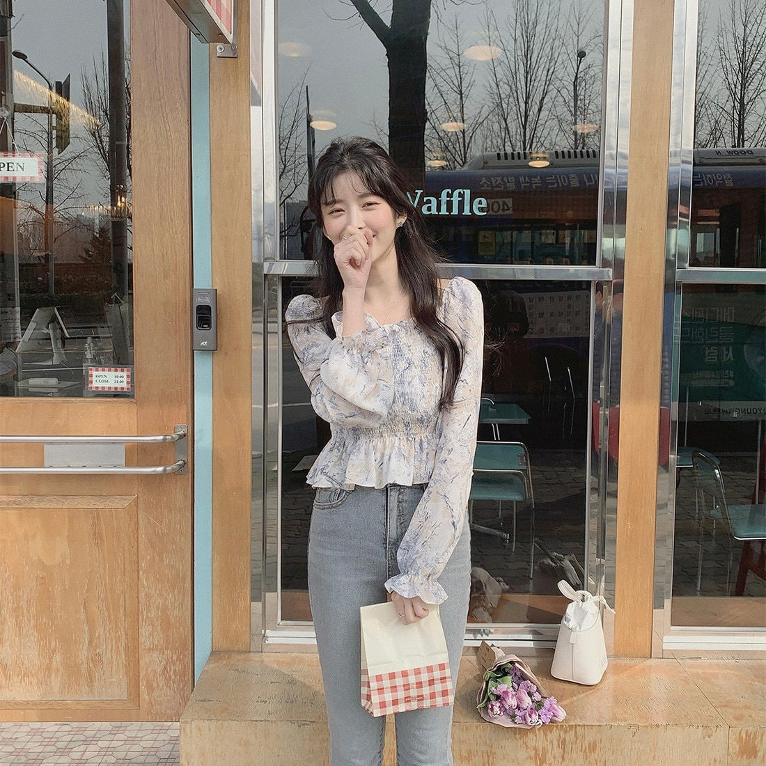 花柄ラッピング ウエストゴム オフショル シフォン長袖シャツ mry000061