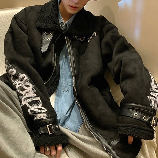 2カラー展開 韓国ストリート 韓国カジュアル トレンド バックプリント ハイネック ムートンジャケット mry001253