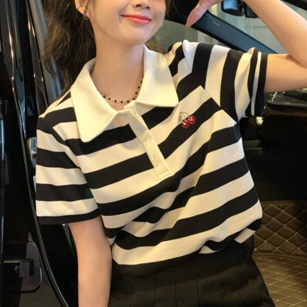 【送料無料】2023SS サマーストライプ 半袖Tシャツ ワンポイント ポロシャツ 韓国カジュアル 韓国ガーリー mry000722