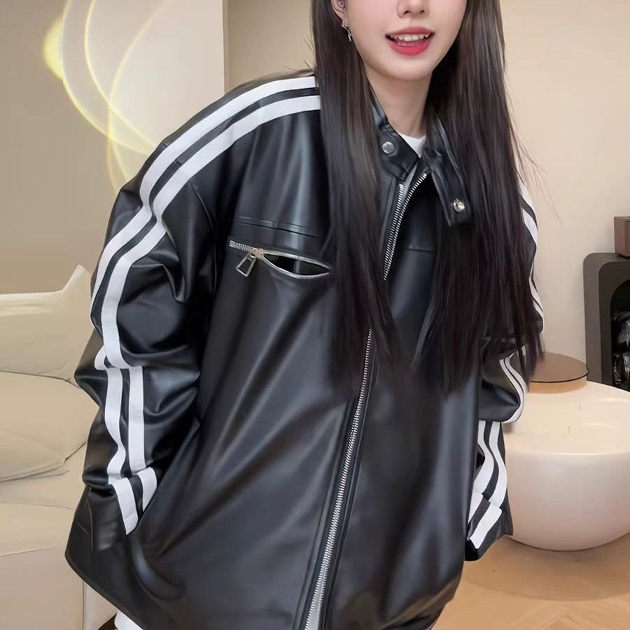 【送料無料】韓国デザイン 韓国ストリート レトロ スポーティ 皮ジャケット mry001200