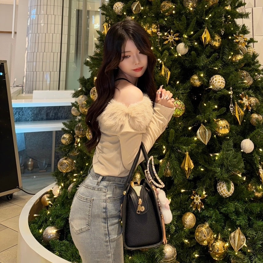 【Chéri】2カラー展開 オフショルダー フェイクファートップス mry001470