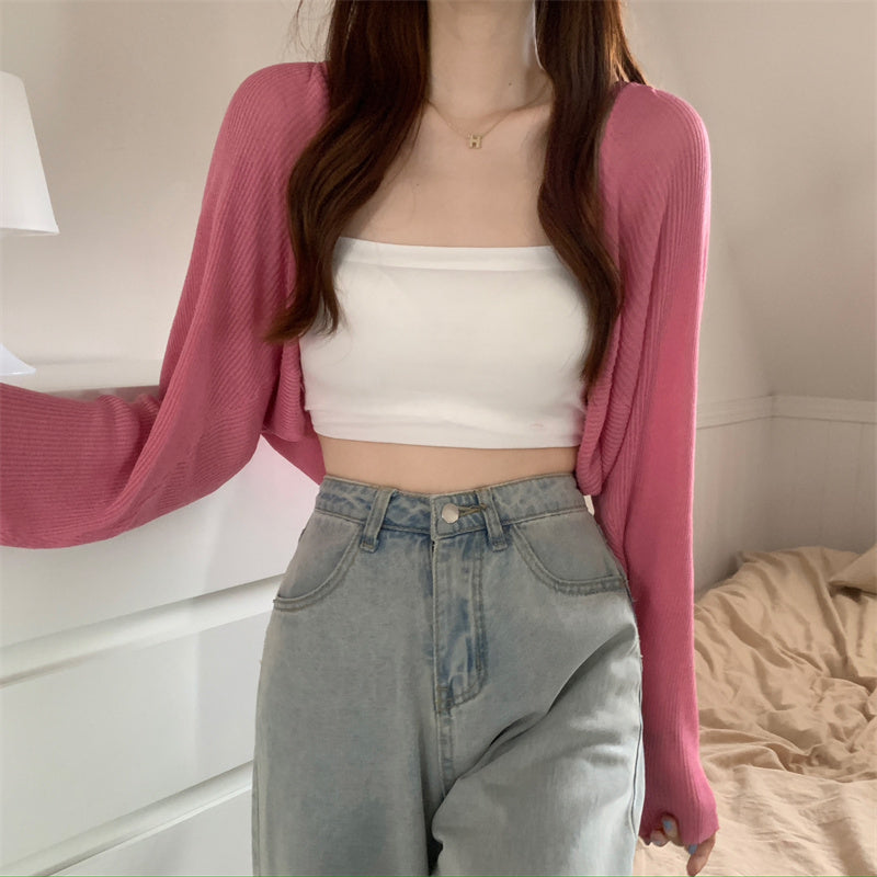 ショートブラウス 薄手ニットカーディガン mry000004