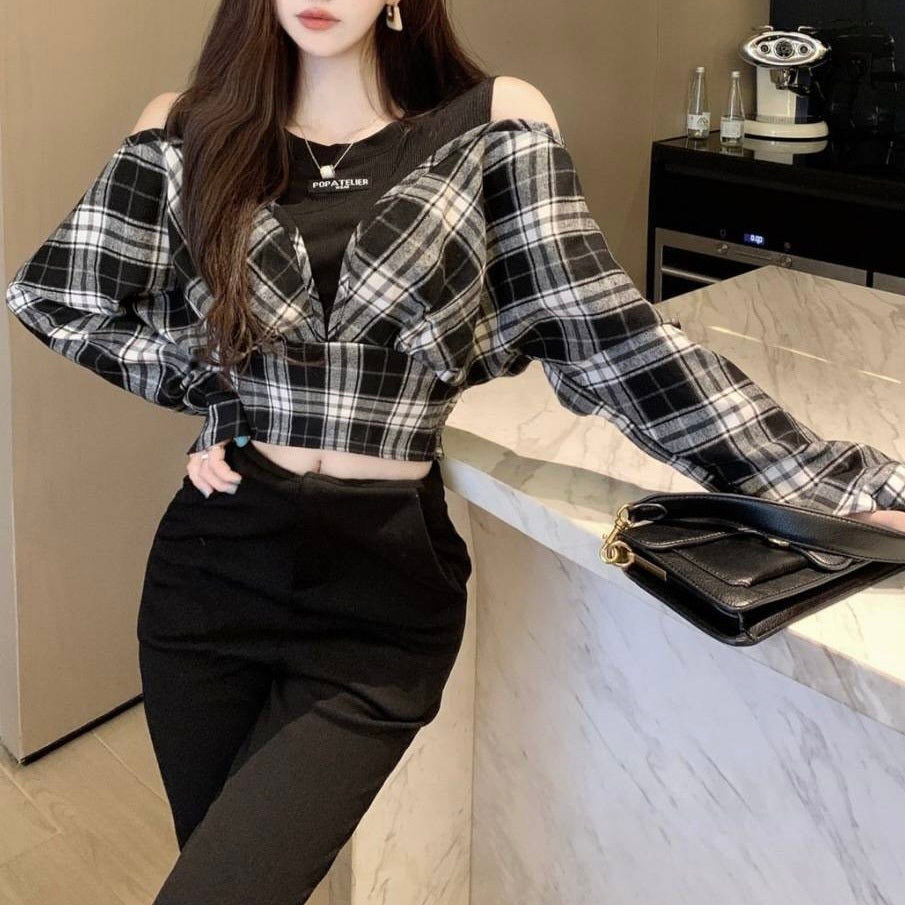 ラウンドネック フェイクツーピース 長袖 チェックシャツ mry000120