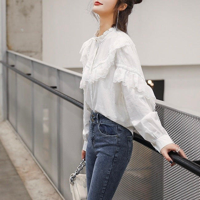 AW レースステッチ スタンドアップカラー フリルシャツ mry000060