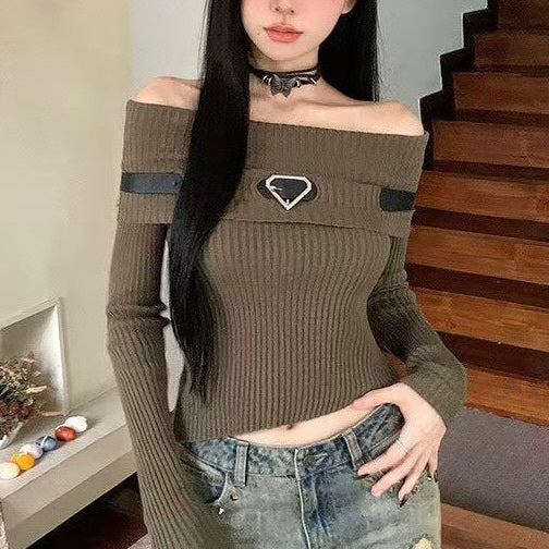 3カラー展開 韓国ストリート 韓国カジュアル オフショルダー リブニットトップス mry001139