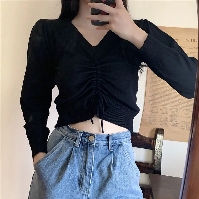 フロント縛り ランタン袖 クロップド丈 Tシャツ mry000213