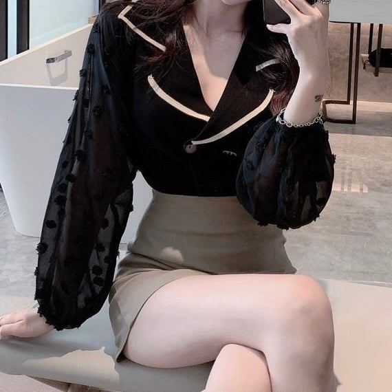 AW ポロ襟 パフスリーブ シフォンステッチシャツ mry000056