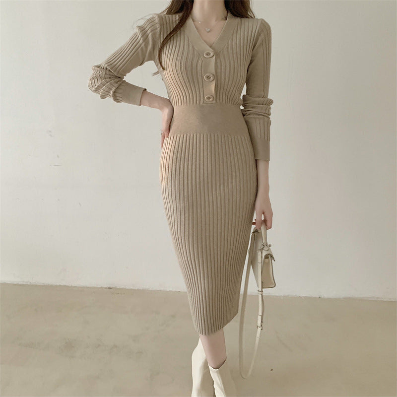 【送料無料】3色展開 Vネック 高品質ニット ワンピース mry000616