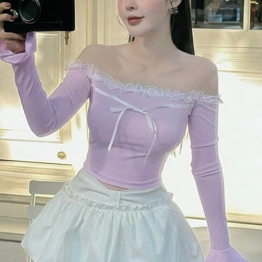 2カラー展開 韓国デザイン 韓国カジュアル オフショルダー リボントップス mry001103