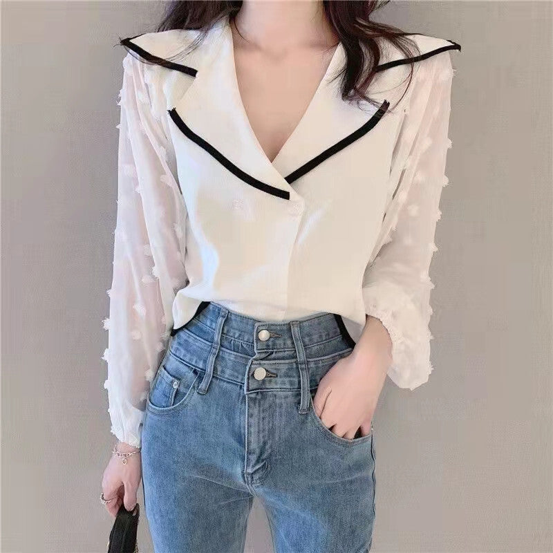 AW ポロ襟 パフスリーブ シフォンステッチシャツ mry000056