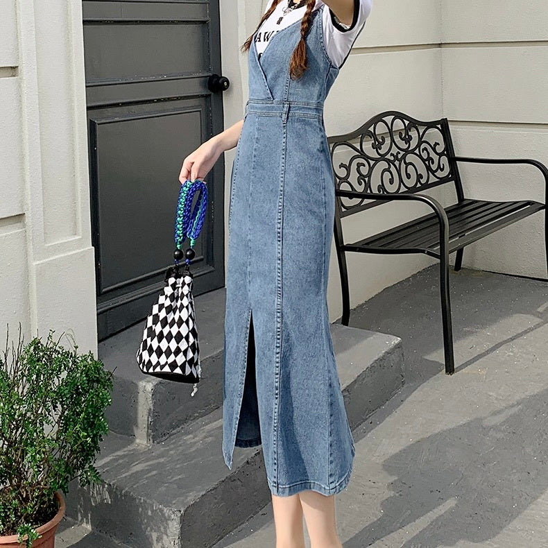 デニム生地 サスペンダー ウエストスリム ロングワンピース mry000031