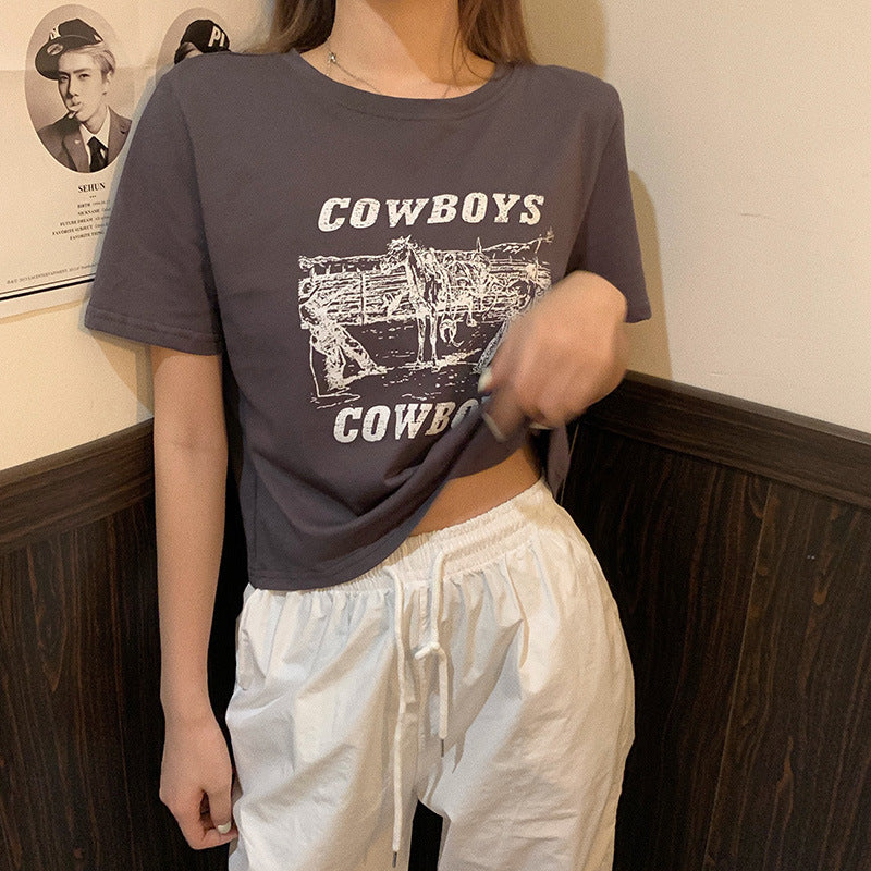 レトロプリント デザインガール スリム半袖Tシャツ mry000089