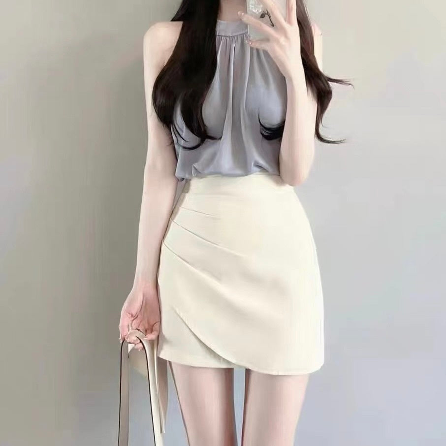 ホルターネック ノースリーブシャツ + アシメミニスカート セット mry000185