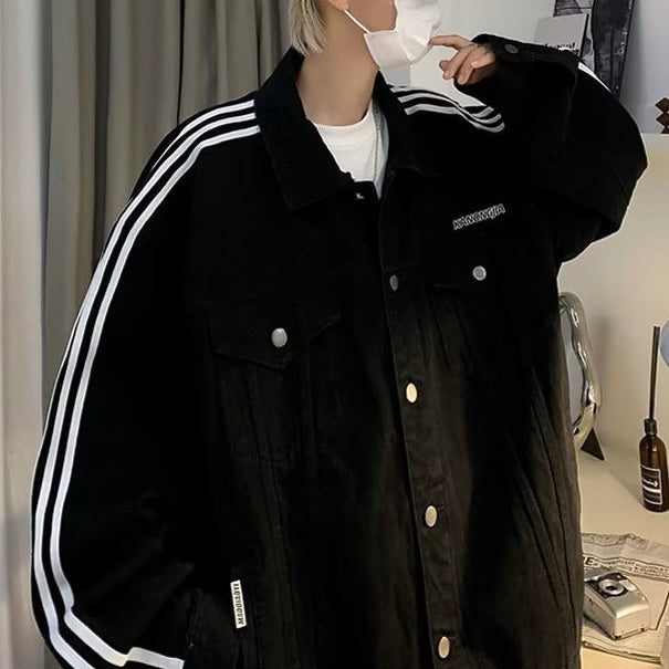 2カラー展開 韓国ストリート 韓国カジュアル ライン入り レトロ デニムジャケット mry001271
