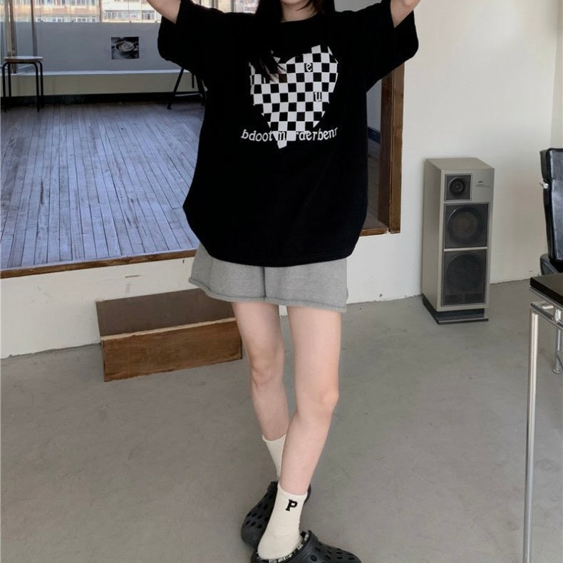 モノクロハート ニッチルーズ カジュアル 半袖トップス mry000091