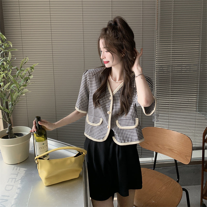 【送料無料】クロップド丈 フレンチスタイル Vネック 千鳥格子 韓国ガーリー 韓国カジュアル mry000536