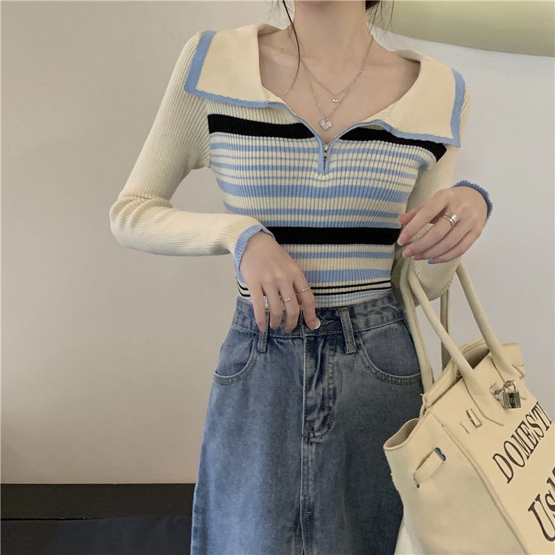 【送料無料】ストライプニットセーター 2カラー 長袖デザイントップス 韓国カジュアル mry000590